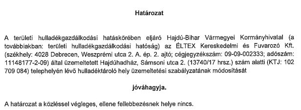 Határozat az Éltex szabályzatáról