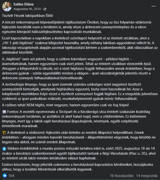 Széles Diána Facebook-bejegyzése