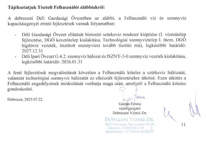 Részlet a Debreceni Vízmű Zrt. nyilatkozatából