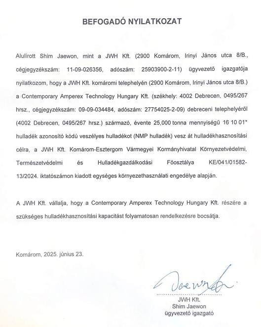 A JWH Kft. befogadó nyilatkozata