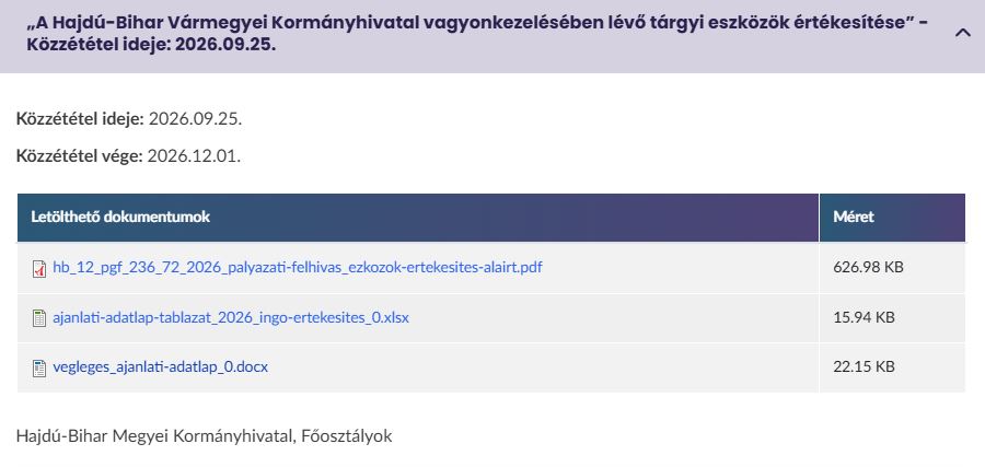 Ingóságokat értékesít a kormányhivatal
